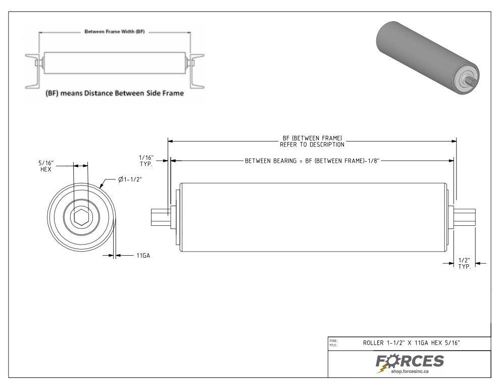 Conveyor Rollers 41-1/4" BF | 1.5" Dia. Hex Shaft 5/16" 11 Ga HRPO - Forces Inc