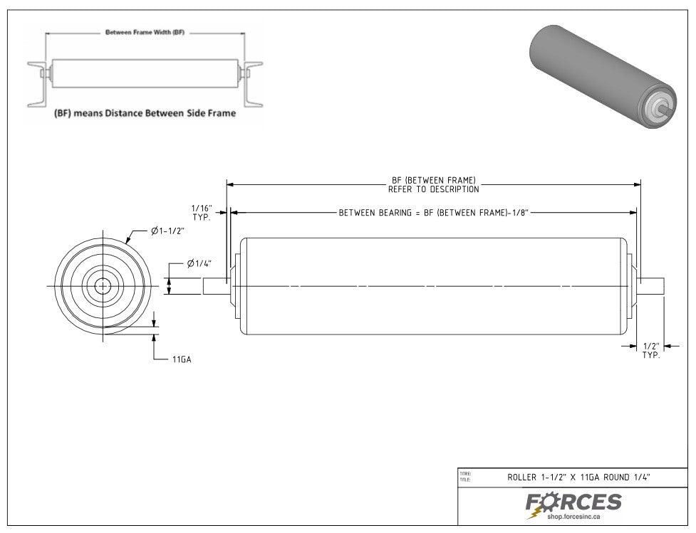 Conveyor Rollers 53-3/4" BF | 1.5" Dia. Round Shaft 1/4" 11 Ga HRPO - Forces Inc