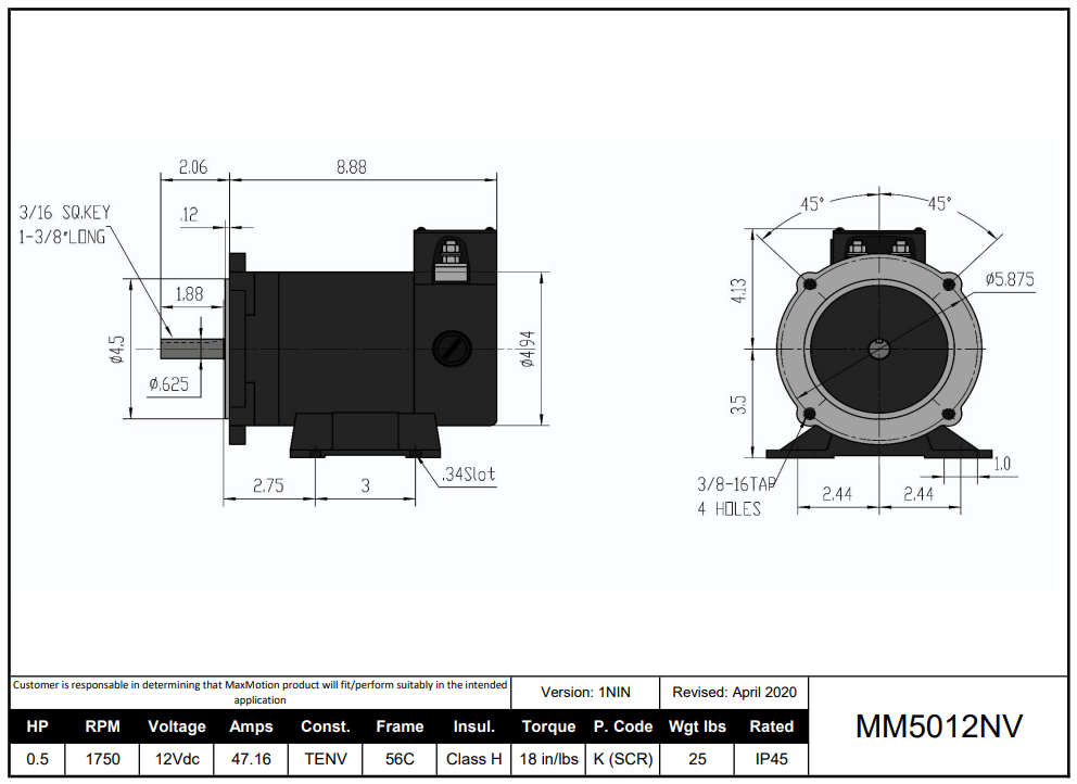 DC Motor 1/2HP, 1750RPM, 12V (DC), Frame 56C, TENV | MM5012NV - Forces Inc
