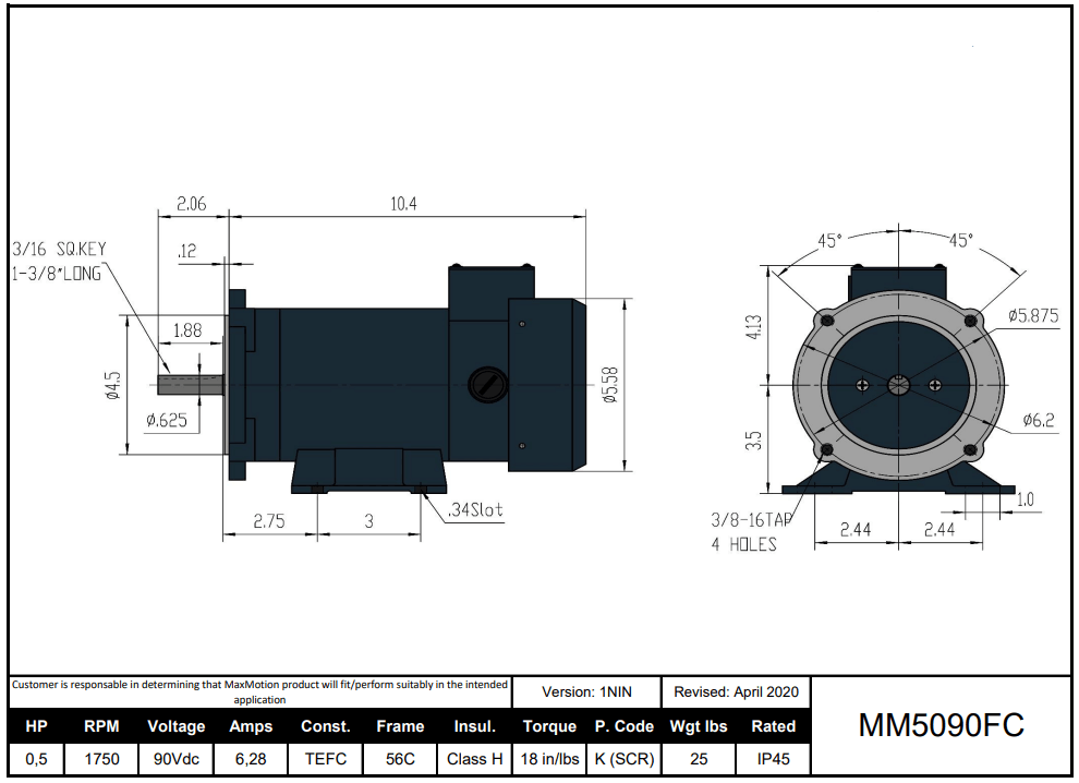DC Motor 1/2HP, 1750RPM, 90V (DC), Frame 56C, TEFC | MM5090FC - Forces Inc