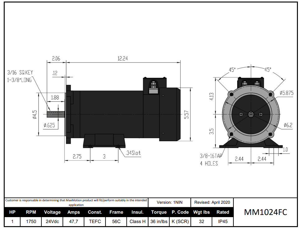 DC Motor 1HP, 1750RPM, 24V (DC), Frame 56C, TEFC | MM1024FC - Forces Inc
