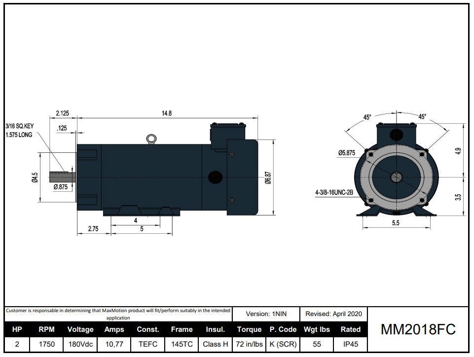 DC Motor 2HP, 1750RPM, 180V (DC), Frame 145TC, TEFC | MM2018FC - Forces Inc