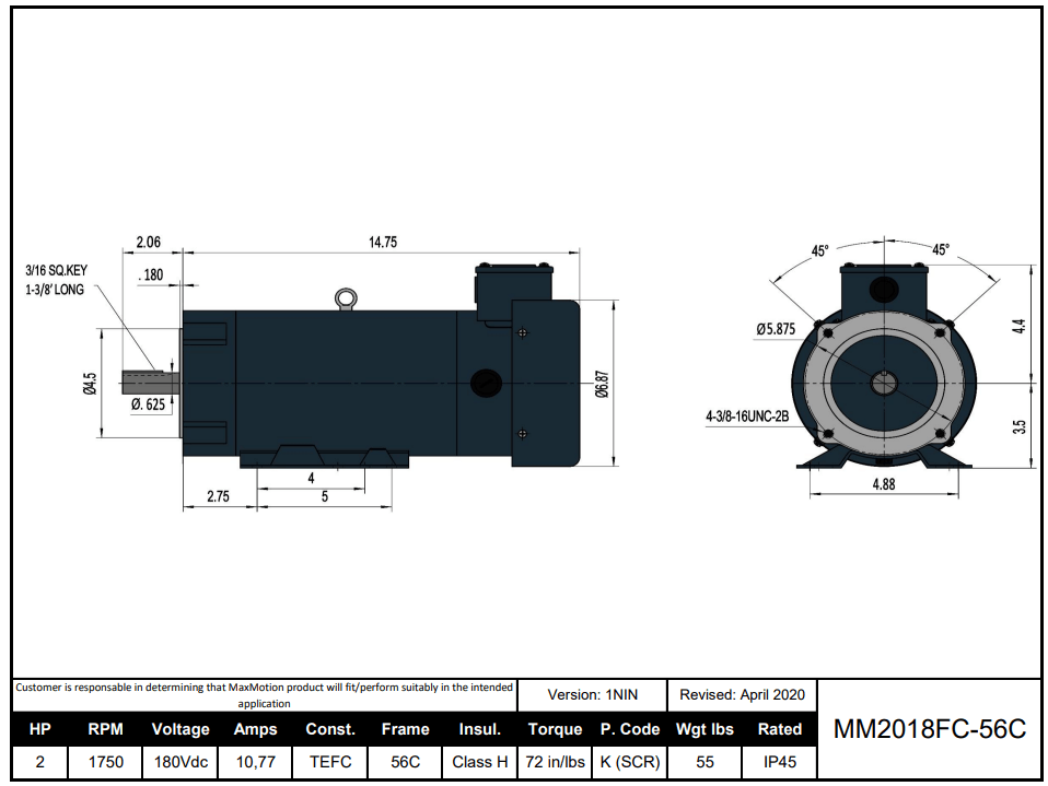 DC Motor 2HP, 1750RPM, 180V (DC), Frame 56C, TEFC | MM2018FC-56C - Forces Inc