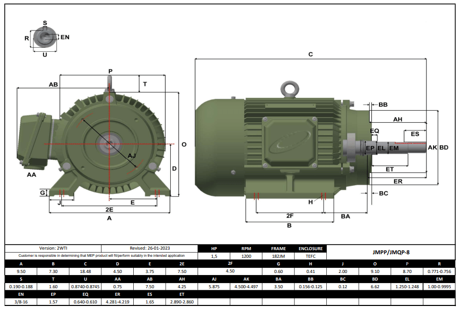 Pump - JM Motor 1.5HP, 1200RPM, 208-230/460V, Frame 182JM, TEFC | JMQP-8 - Forces Inc