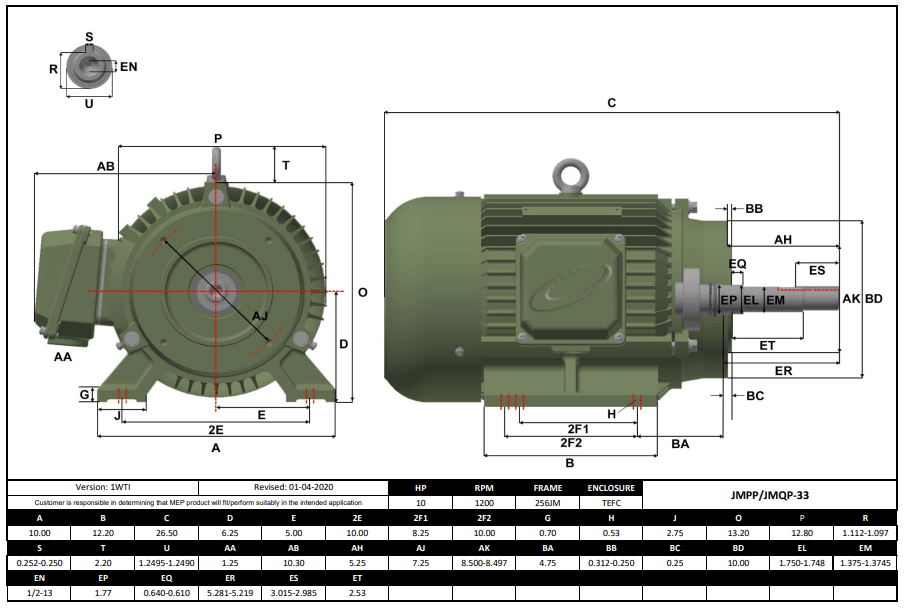 Pump - JM Motor 10HP, 1200RPM, 575V, Frame 256JM, TEFC | JMPP-33 - Forces Inc