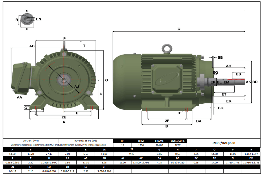 Pump - JM Motor 15HP, 1200RPM, 575V, Frame 284JM, TEFC | JMPP-38 - Forces Inc