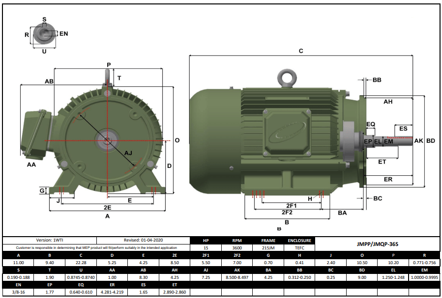 Pump - JM Motor 15HP, 3600RPM, 575V, Frame 215JM, TEFC | JMPP-36S - Forces Inc