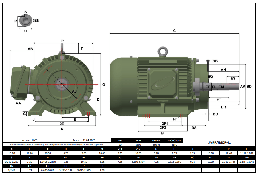 Pump - JM Motor 20HP, 3600RPM, 575V, Frame 256JM, TEFC | JMPP-41 - Forces Inc
