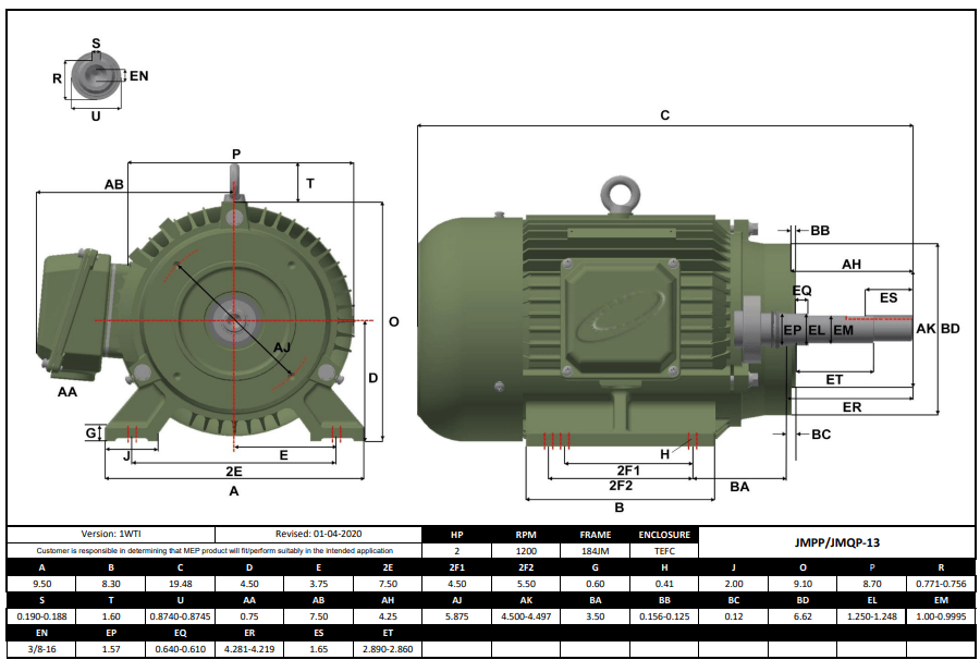 Pump - JM Motor 2HP, 1200RPM, 575V, Frame 184JM, TEFC | JMPP-13 - Forces Inc