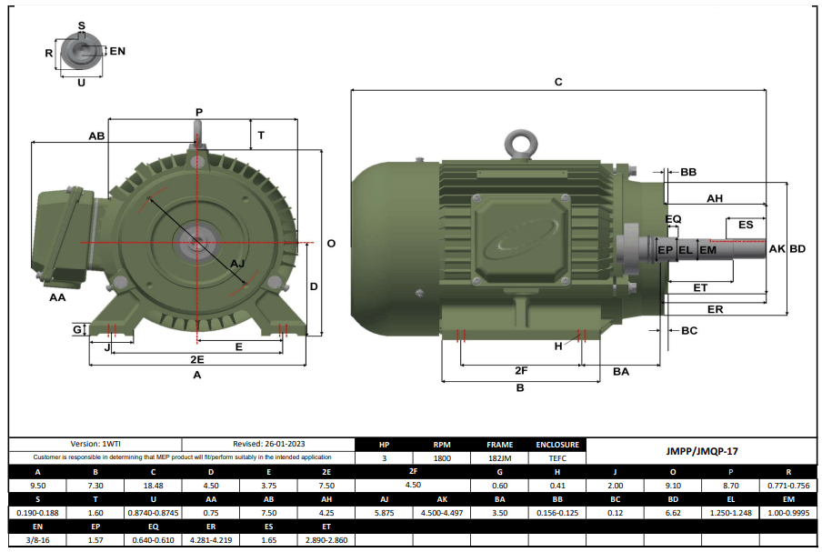Pump - JM Motor 3HP, 1800RPM, 575V, Frame 182JM, TEFC | JMPP-17 - Forces Inc
