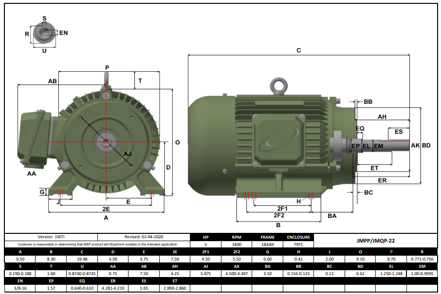 Pump - JM Motor 5HP, 1800RPM, 575V, Frame 184JM, TEFC | JMPP-22 - Forces Inc