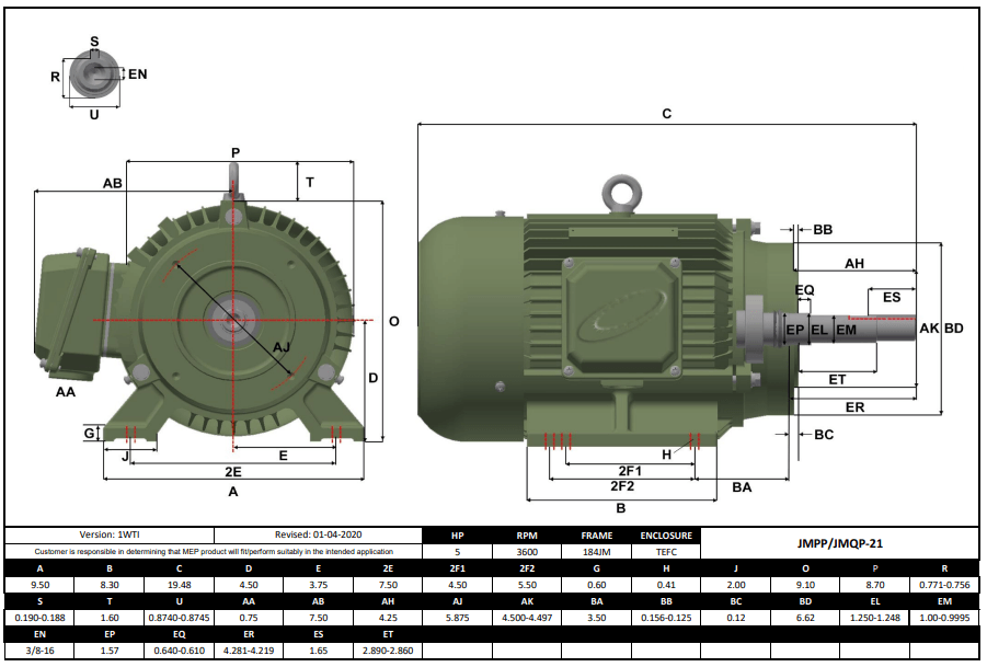 Pump - JM Motor 5HP, 3600RPM, 575V, Frame 184JM, TEFC | JMPP-21 - Forces Inc