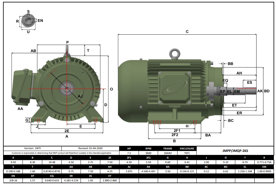 Pump - JM Motor 7.5HP, 3600RPM, 575V, Frame 184JM, TEFC | JMPP-26S - Forces Inc