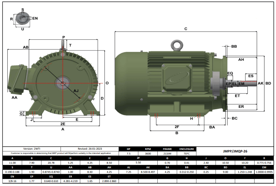 Pump - JM Motor 7.5HP, 3600RPM, 575V, Frame 213JM, TEFC | JMPP-26 - Forces Inc