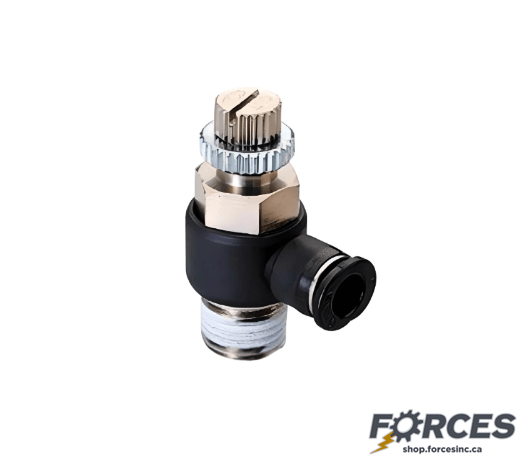 Push To Connect Flow Control Valve Elbow 1/4" Tube x 10-32 NPT (Meter Out) - Compact - Forces Inc