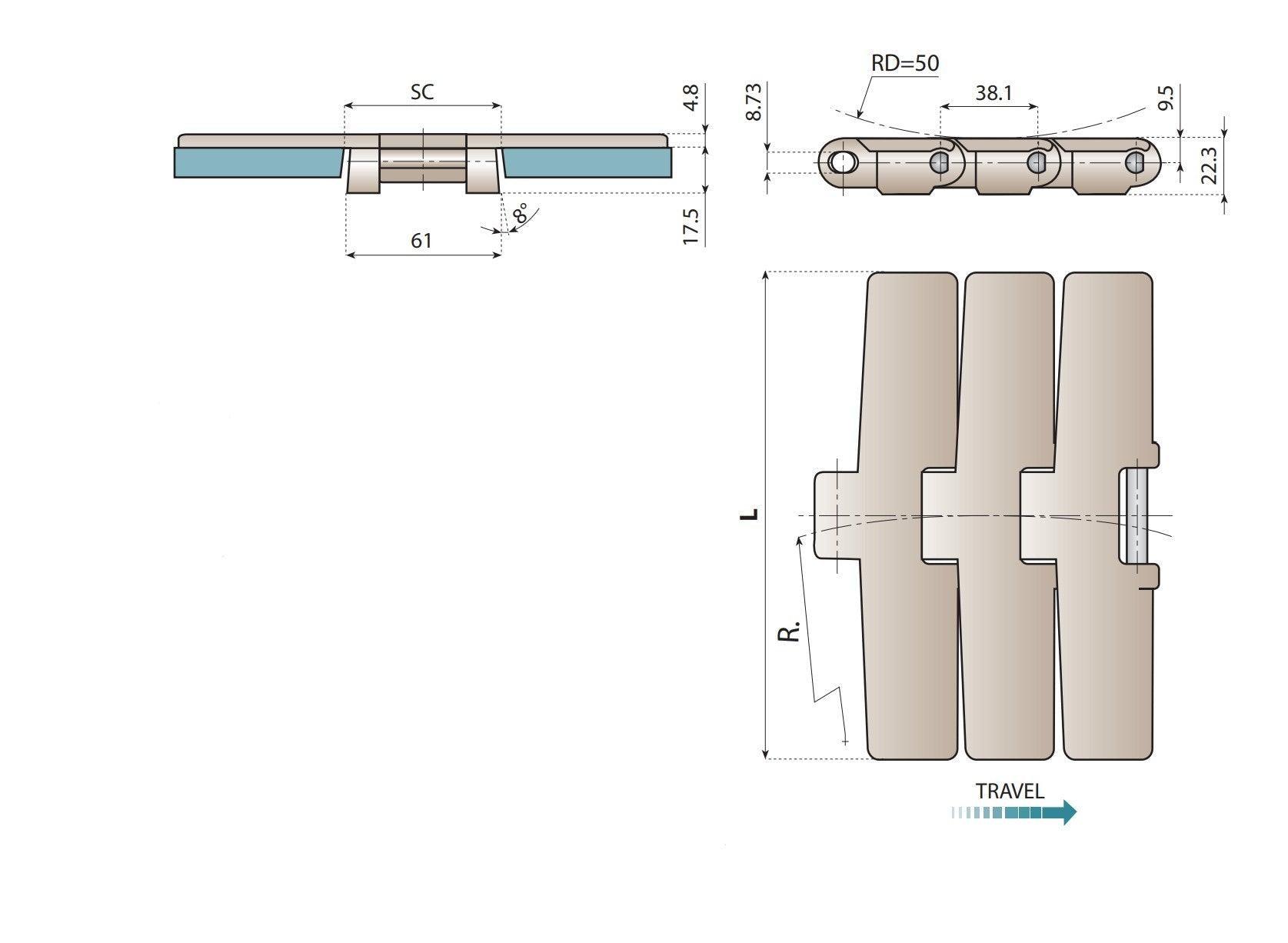Series 882 BEVEL Table Top Chain, Sideflexing 7-1/2" Wide (NG) - 10ft | NG 882 K750 - Forces Inc