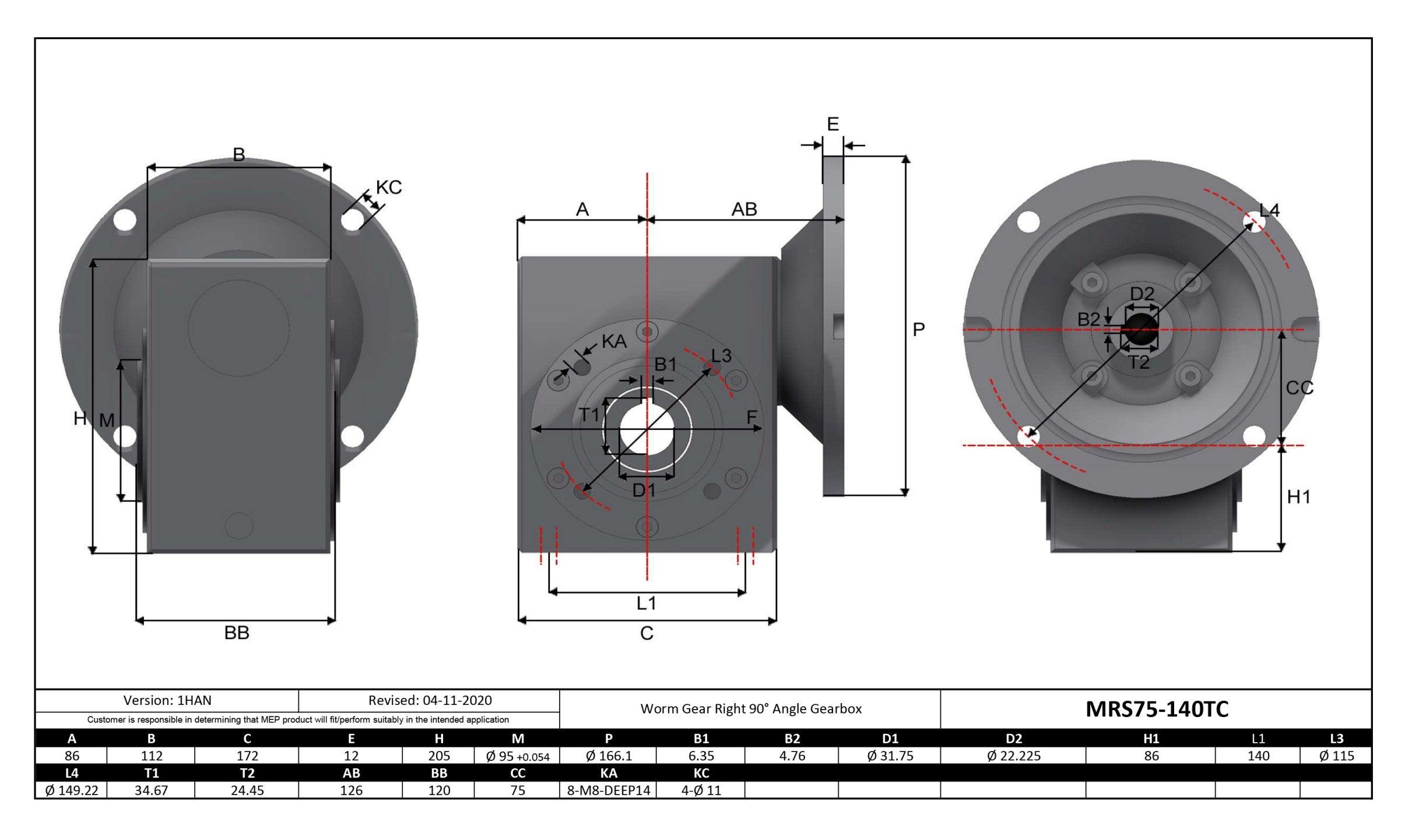 Stainless Steel Gearbox 140TC 25:1 Size 75 Bore 1.25" - Forces Inc