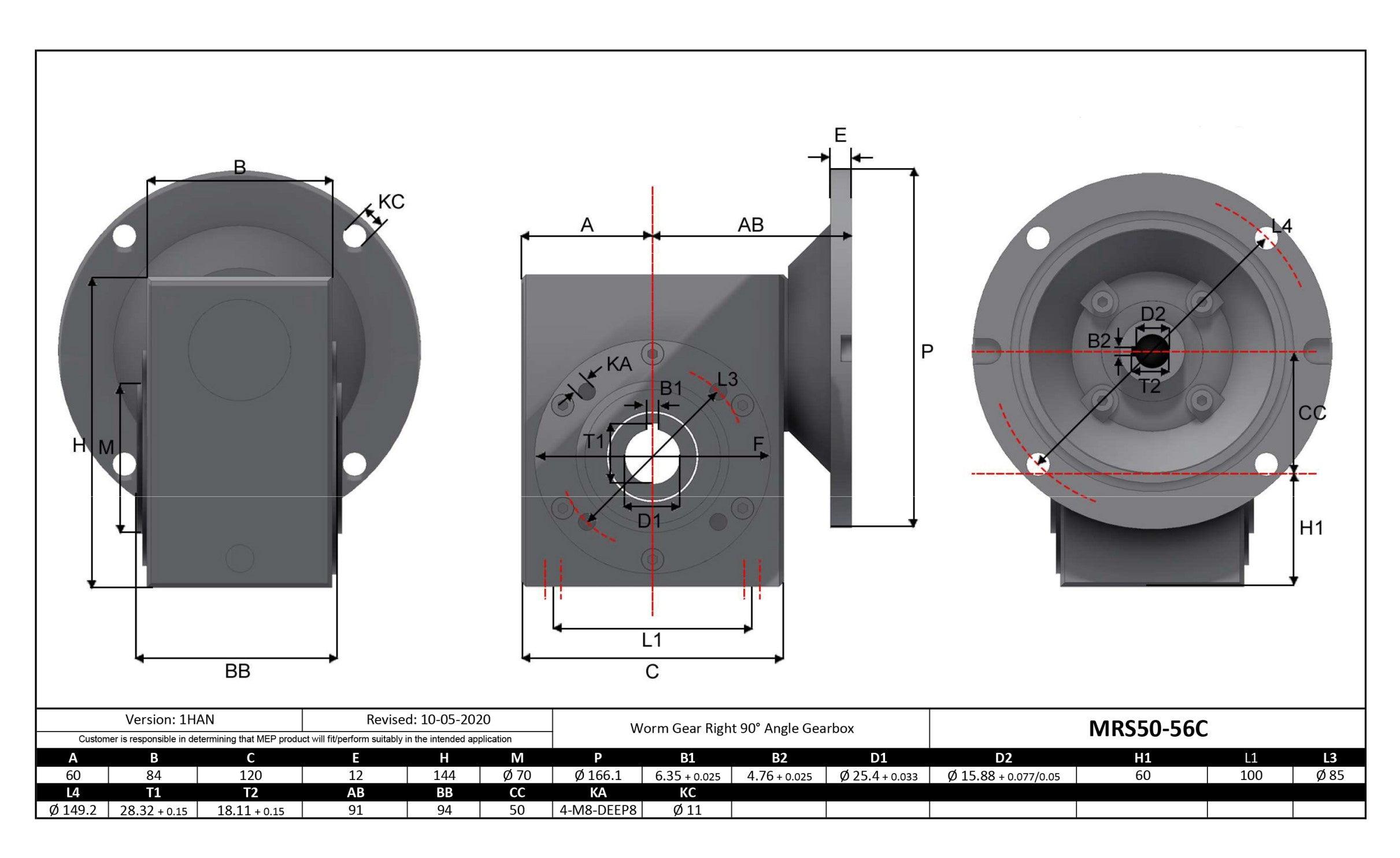 Stainless Steel Gearbox 56C 20:1 Size 50 Bore 1" - Forces Inc
