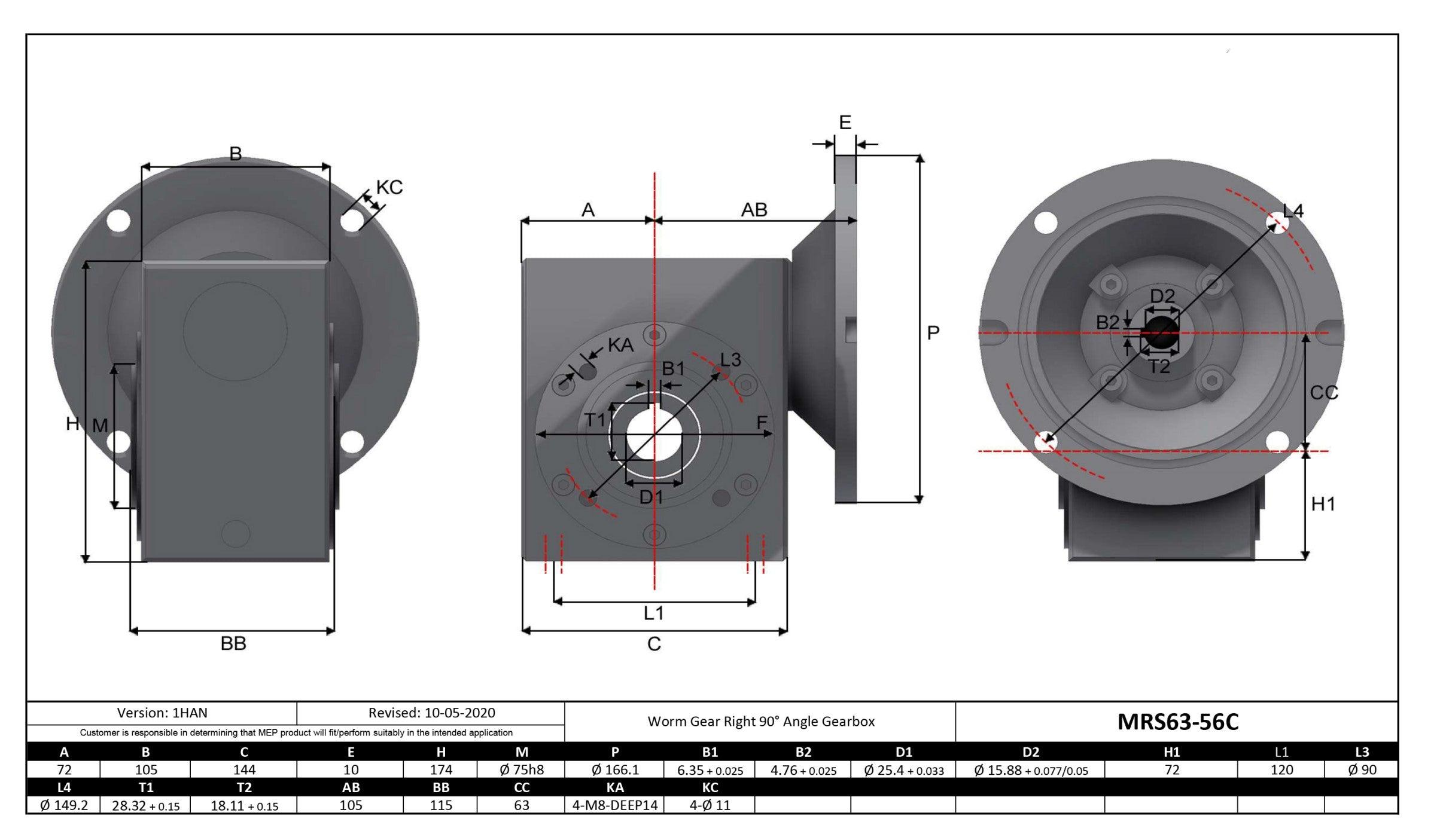 Stainless Steel Gearbox 56C 7.5:1 Size 63 Bore 1" - Forces Inc