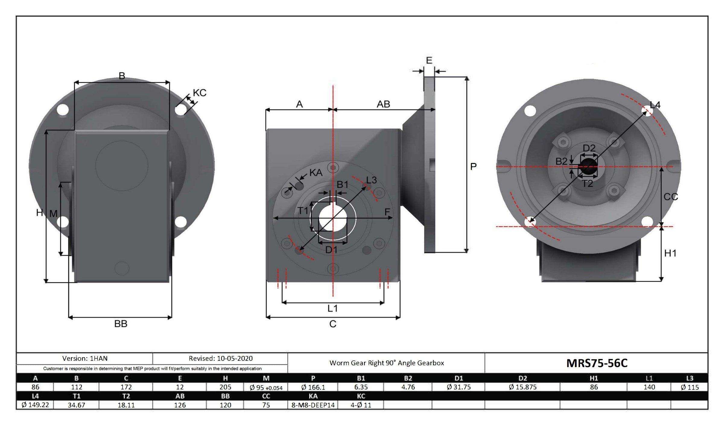 Stainless Steel Gearbox 56C 80:1 Size 75 Bore 1.25" - Forces Inc