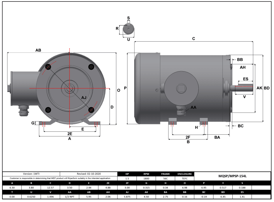 Stainless Steel Motor 1.5HP, 1800RPM, 208-230/460V, Frame 56C, TEFC, Rigid Base | MQSP-154L - Forces Inc