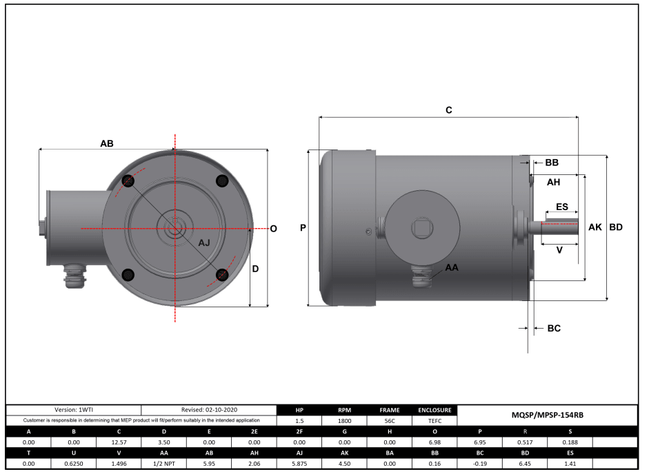Stainless Steel Motor 1.5HP, 1800RPM, 208-230/460V, Frame 56C, TEFC, Round Body | MQSP-154RB - Forces Inc