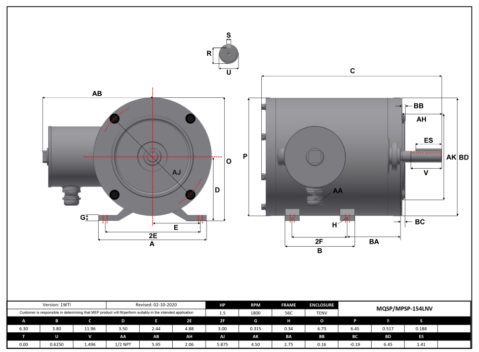 Stainless Steel Motor 1.5HP, 1800RPM, 208-230/460V, Frame 56C, TENV, Rigid Base | MQSP-154LNV - Forces Inc