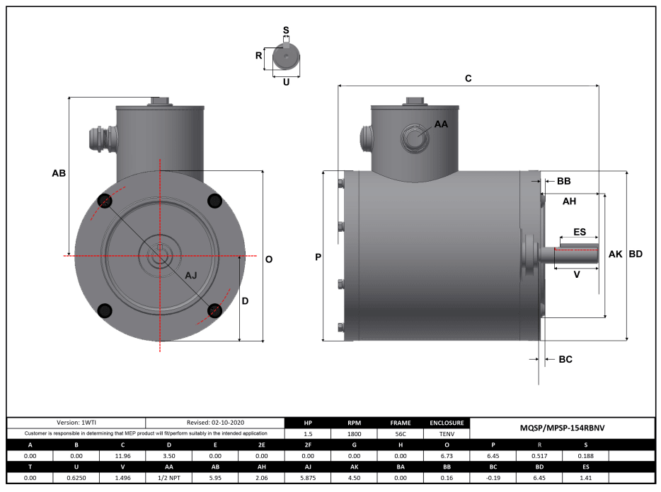 Stainless Steel Motor 1.5HP, 1800RPM, 208-230/460V, Frame 56C, TENV, Round Body | MQSP-154RBNV - Forces Inc