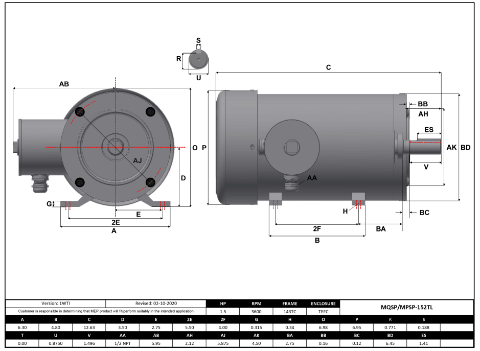 Stainless Steel Motor 1.5HP, 3600RPM, 208-230/460V, Frame 143TC, TEFC, Rigid Base | MQSP-152TL - Forces Inc