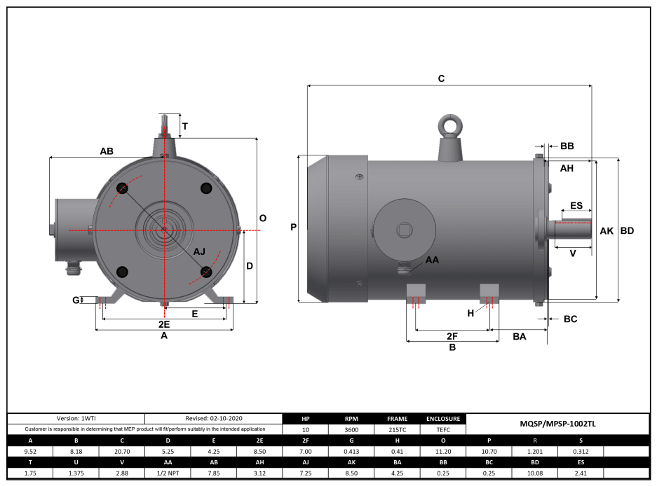 Stainless Steel Motor 10HP, 3600RPM, 208-230/460V, Frame 215TC, TEFC, Rigid Base | MQSP-1002TL - Forces Inc