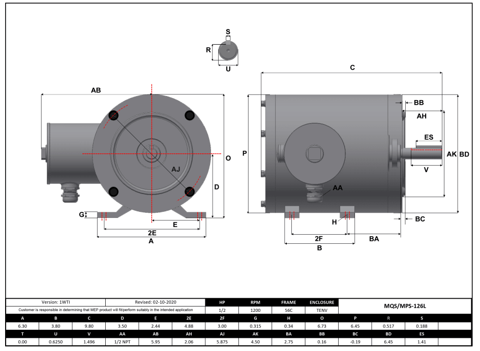 Stainless Steel Motor 1/2HP, 1200RPM, 208-230/460V, Frame 56C, TENV, Rigid Base | MQS-126L - Forces Inc