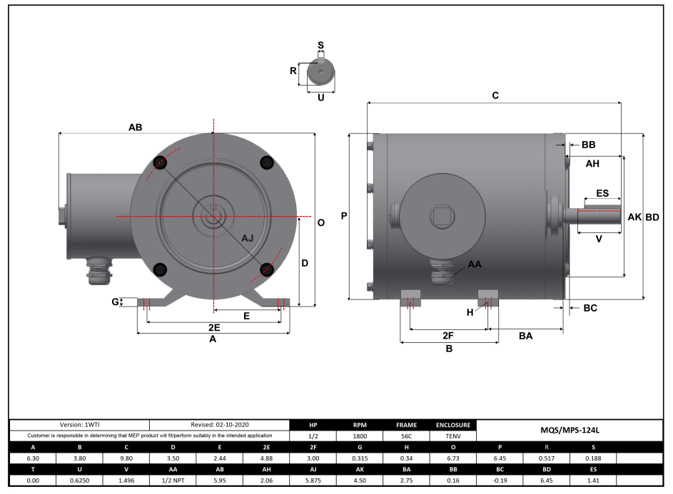 Stainless Steel Motor 1/2HP, 1800RPM, 208-230/460V, Frame 56C, TENV, Rigid Base | MQS-124L - Forces Inc
