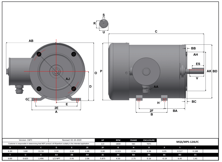 Stainless Steel Motor 1/2HP, 1800RPM, 575V, Frame 56C, TEFC, Rigid Base | MPS-124LFC - Forces Inc