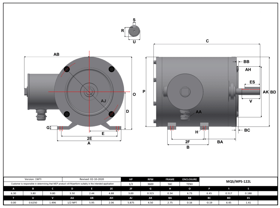 Stainless Steel Motor 1/2HP, 3600RPM, 208-230/460V, Frame 56C, TENV, Rigid Base | MQS-122L - Forces Inc