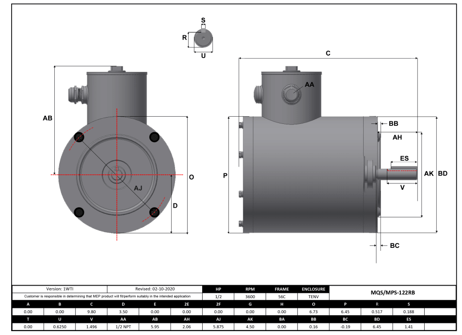 Stainless Steel Motor 1/2HP, 3600RPM, 208-230/460V, Frame 56C, TENV, Round Body | MQS-122RB - Forces Inc
