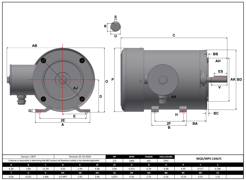 Stainless Steel Motor 1/3HP, 1800RPM, 208-230/460V, Frame 56C, TEFC, Rigid Base | MQS-134LFC - Forces Inc