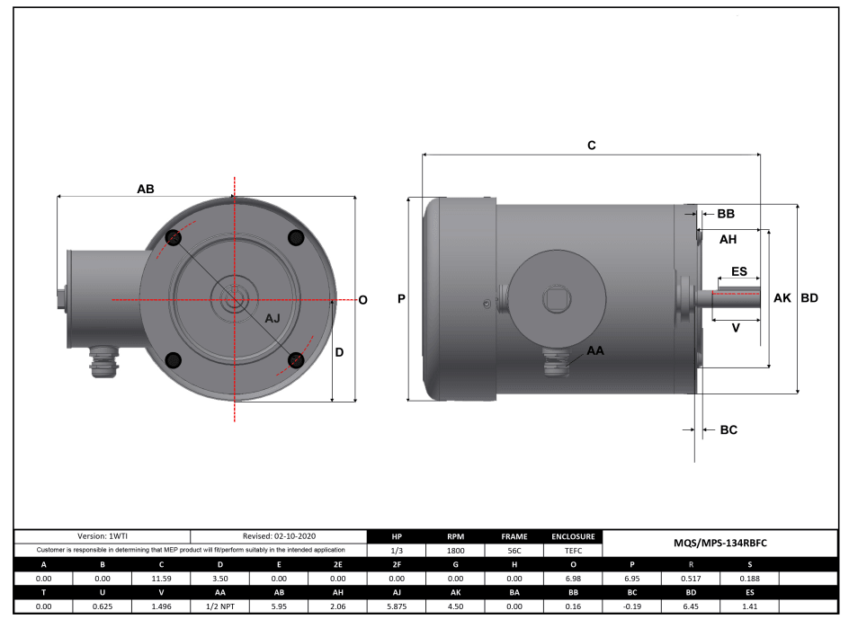Stainless Steel Motor 1/3HP, 1800RPM, 208-230/460V, Frame 56C, TEFC, Round Body | MQS-134RBFC - Forces Inc