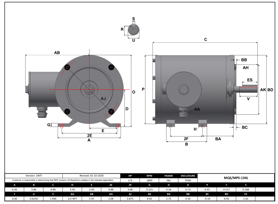 Stainless Steel Motor 1/3HP, 1800RPM, 208-230/460V, Frame 56C, TENV, Rigid Base | MQS-134L - Forces Inc