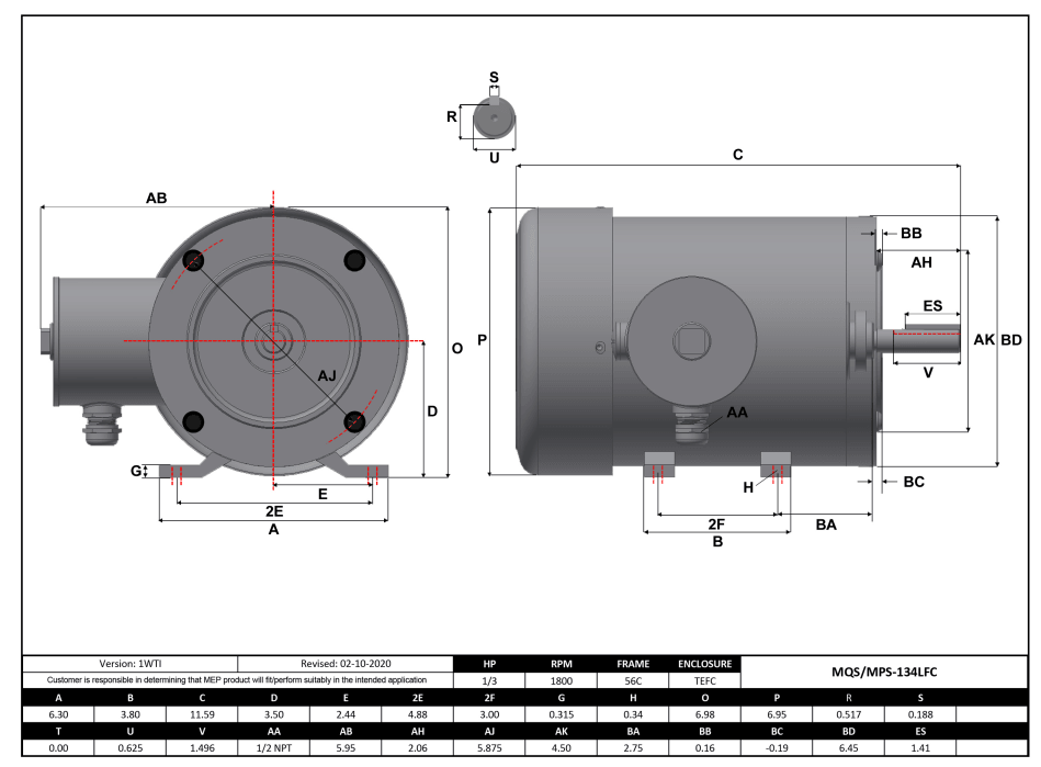 Stainless Steel Motor 1/3HP, 1800RPM, 575V, Frame 56C, TEFC, Rigid Base | MPS-134LFC - Forces Inc