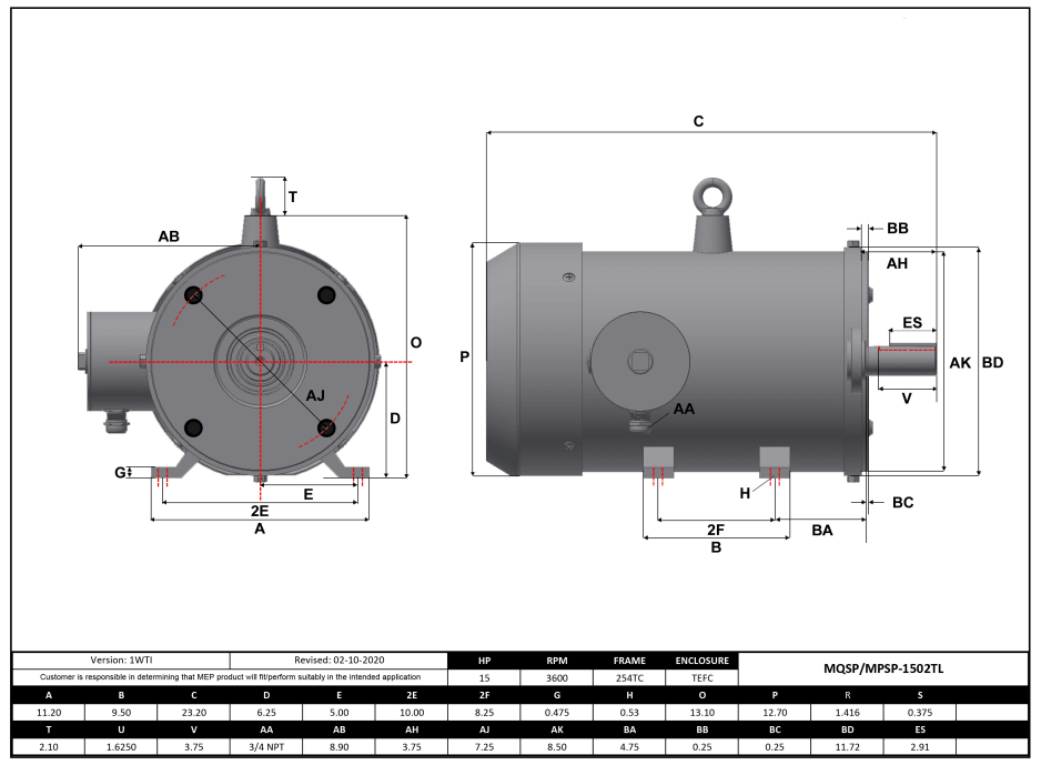 Stainless Steel Motor 15HP, 3600RPM, 208-230/460V, Frame 254TC, TEFC, Rigid Base | MQSP-1502TL - Forces Inc