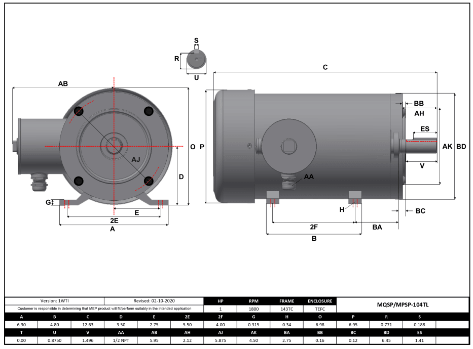 Stainless Steel Motor 1HP, 1800RPM, 208-230/460V, Frame 143TC, TEFC, Rigid Base | MQSP-104TL - Forces Inc