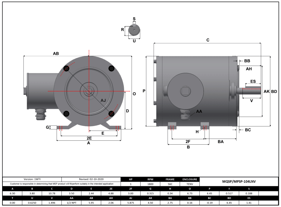 Stainless Steel Motor 1HP, 1800RPM, 575V, Frame 56C, TENV, Rigid Base | MPSP-104LNV - Forces Inc