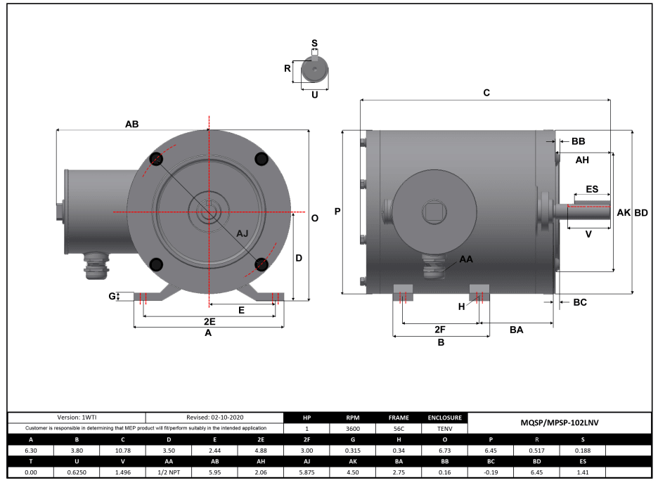 Stainless Steel Motor 1HP, 3600RPM, 208-230/460V, Frame 56C, TENV, Rigid Base | MQSP-102LNV - Forces Inc