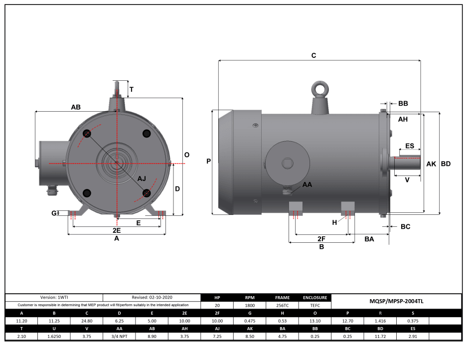 Stainless Steel Motor 20HP, 1800RPM, 208-230/460V, Frame 256TC, TEFC, Rigid Base | MQSP-2004TL - Forces Inc
