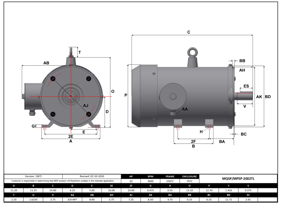 Stainless Steel Motor 20HP, 3600RPM, 208-230/460V, Frame 256TC, TEFC, Rigid Base | MQSP-2002TL - Forces Inc