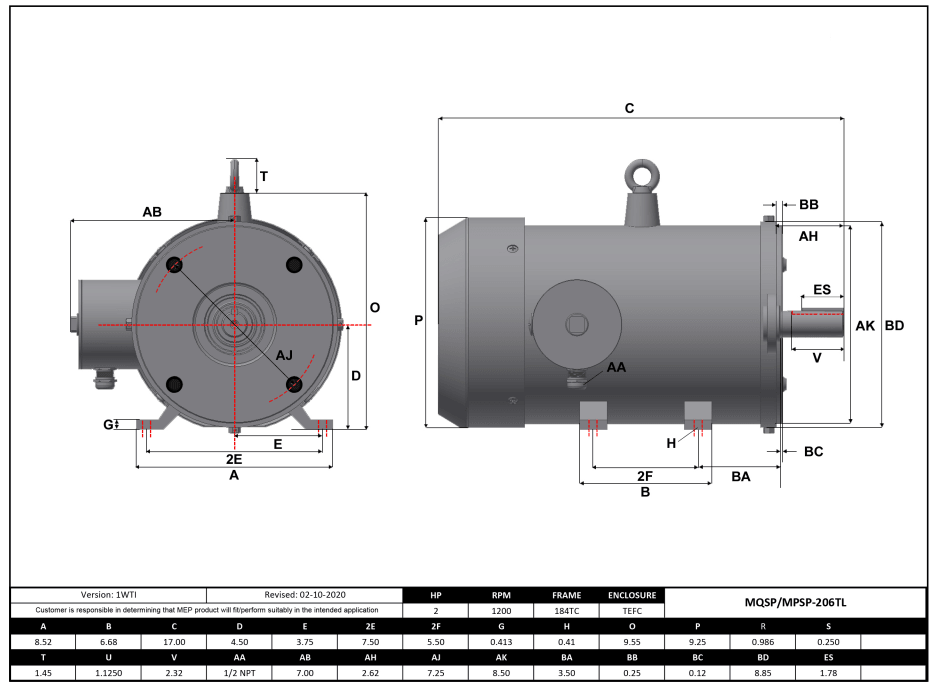 Stainless Steel Motor 2HP, 1200RPM, 208-230/460V, Frame 184TC, TEFC, Rigid Base | MQSP-206TL - Forces Inc