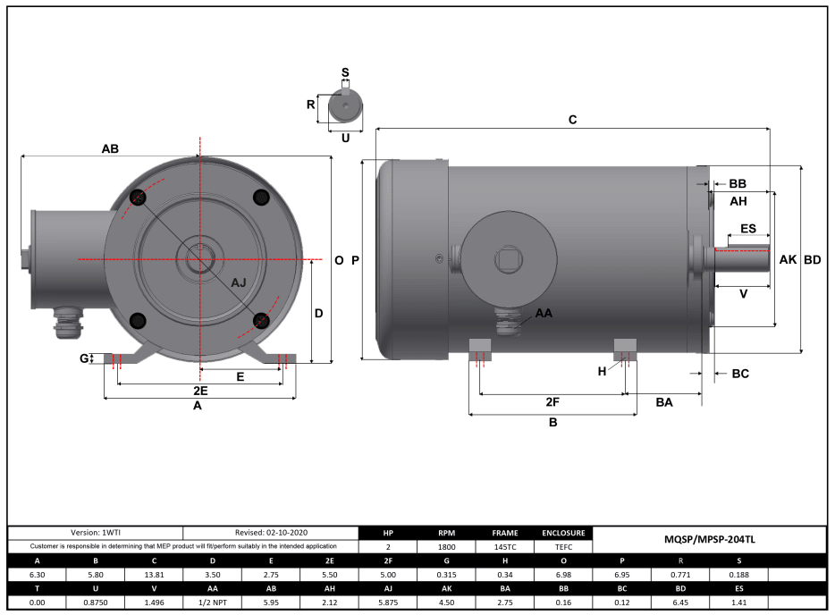 Stainless Steel Motor 2HP, 1800RPM, 208-230/460V, Frame 145TC, TEFC, Rigid Base | MQSP-204TL - Forces Inc