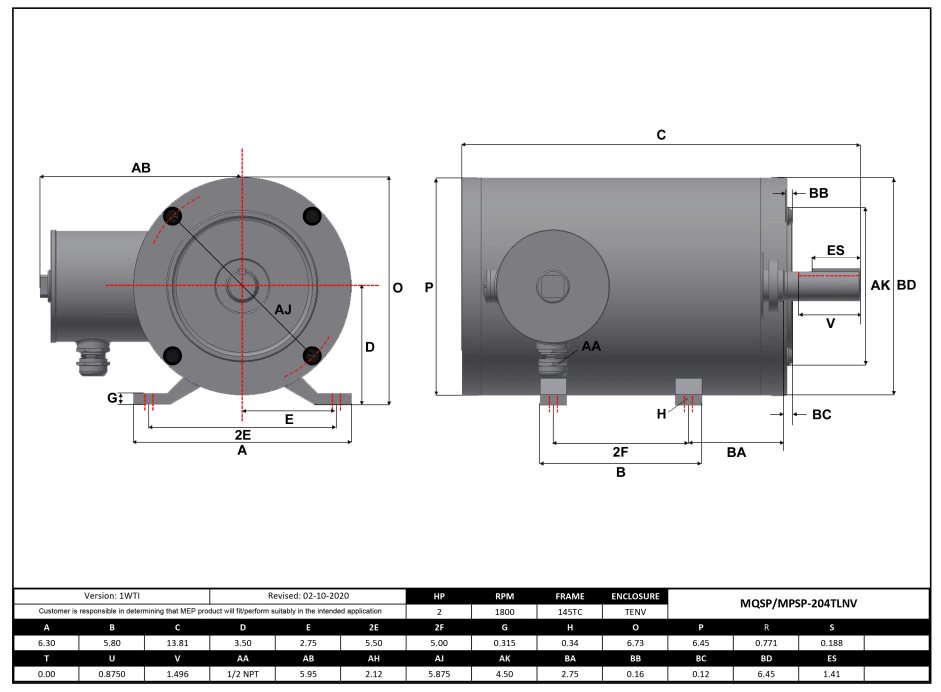 Stainless Steel Motor 2HP, 1800RPM, 208-230/460V, Frame 145TC, TENV, Rigid Base | MQSP-204TLNV - Forces Inc