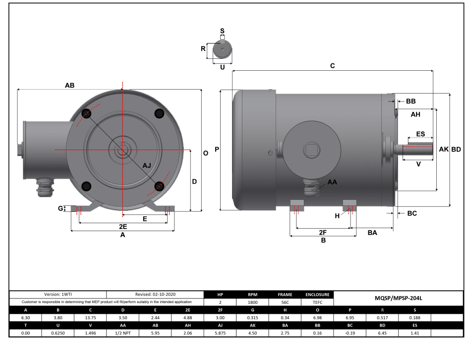 Stainless Steel Motor 2HP, 1800RPM, 208-230/460V, Frame 56C, TEFC, Rigid Base | MQSP-204L - Forces Inc