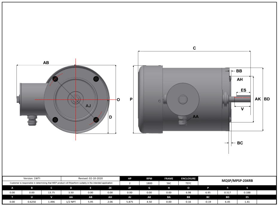 Stainless Steel Motor 2HP, 1800RPM, 208-230/460V, Frame 56C, TEFC, Round Body | MQSP-204RB - Forces Inc